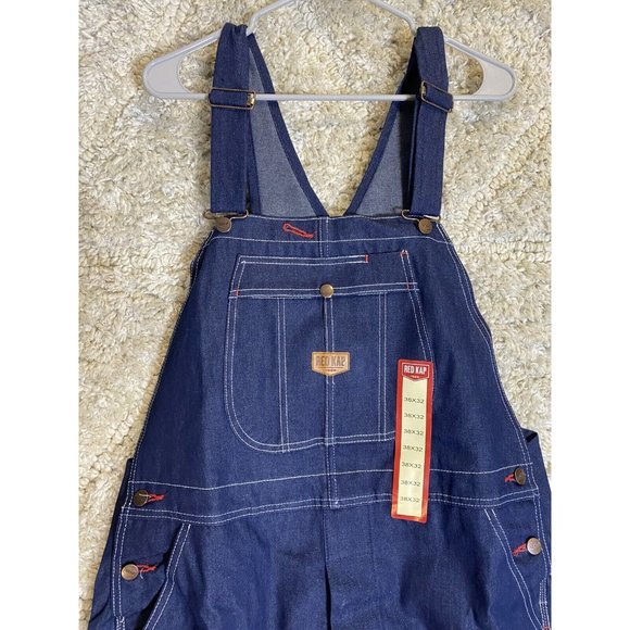 Red Kap Men's Denim Bib Overall 38x32 Blue Jeans Cargo Pockets - Picture 3 of 11